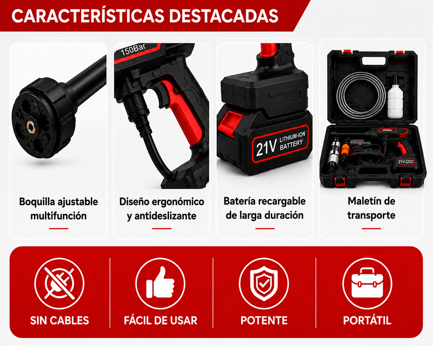 HIDROLAVADORA INALÁMBRICA 21V | 150 BAR DE POTENCIA